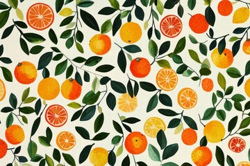 Colorful Pattern with Fresh Oranges and Leaves