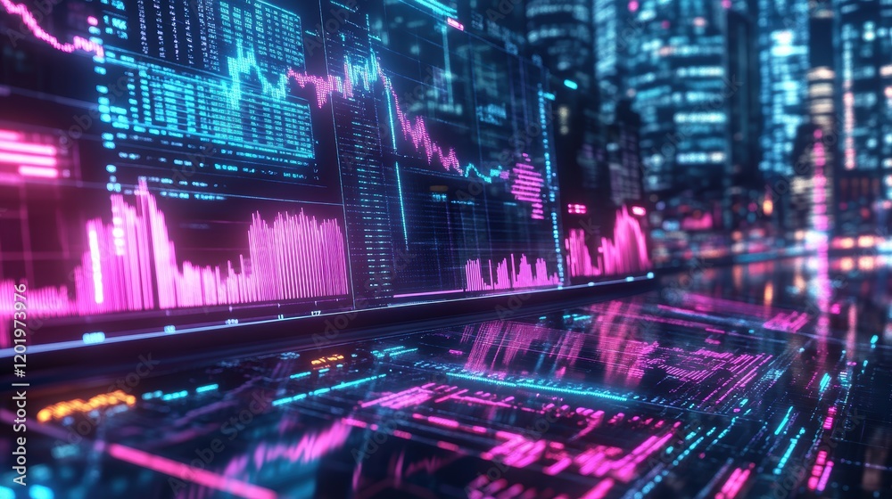Poster computer screen displaying stock market chart with fluctuating prices and trading data analysis