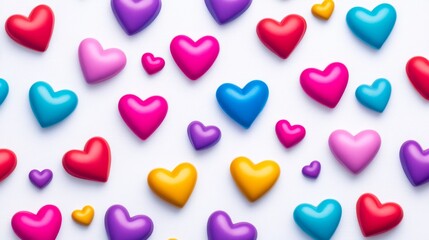 Obraz premium Colorful Heart Pattern Background - A cheerful background image featuring many colorful hearts of varying sizes scattered on a white surface.