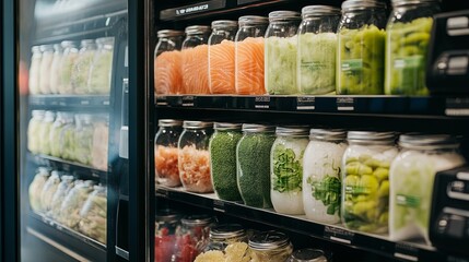 A meal-prep vending machine dispensing salmon poke bowls and spirulina drinks.