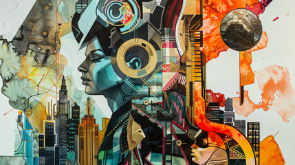 Capture a vibrant utopian cityscape merging futuristic fashion trends with classical leadership symbols in a detailed watercolor painting