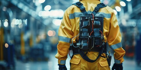 A worker in a yellow safety suit with a backpack device stands in an industrial setting.
