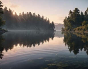 Fototapeta premium A tranquil lake at dawn with wavy water reflections , lake scenery, calm atmosphere