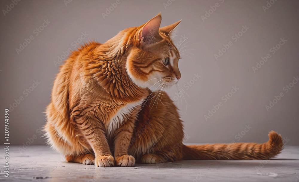 Poster a cat is sitting on a table with its tail curled up. the cat is orange and white, and it is looking 