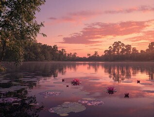 A tranquil lake at twilight with surrounding trees and a water lily, trees, outdoor scenery