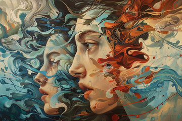 Capture the essence of a fragmented mind in a traditional oil painting, utilizing unexpected close-up angles to depict surrealistic scenes intertwined with psychological concepts