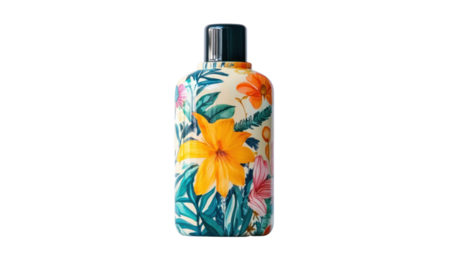 A beautifully designed bottle featuring vibrant floral patterns, perfect for skincare or beauty products. Aesthetic and eye-catching.