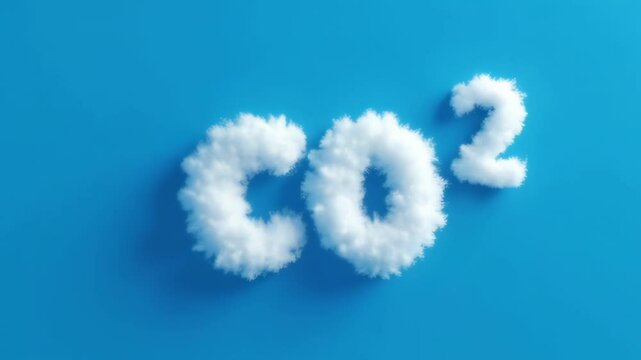 White clouds form the chemical formula of carbon dioxide on a vibrant blue background, representing co2 emissions