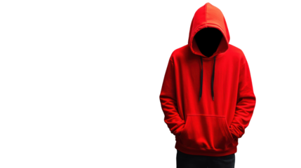 A mysterious figure in a red hoodie stands with hands in pockets. The hood obscures their face, conveying a sense of anonymity and intrigue.
