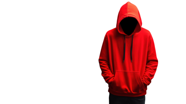 A mysterious figure in a red hoodie stands with hands in pockets. The hood obscures their face, conveying a sense of anonymity and intrigue.