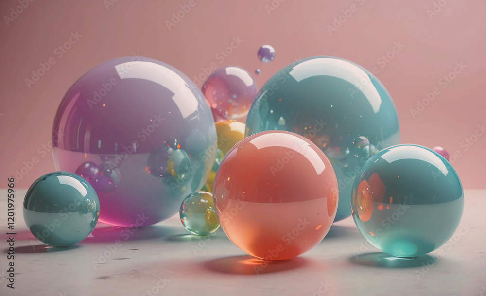 Poster A collection of colorful glass spheres arranged on a table. The spheres are of different sizes and colors, creating a visually appealing and dynamic display. The arrangement of the spheres suggests a