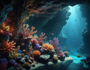 Naklejka premium A unique underwater scene featuring a coral cave with colorful marine life, coral reef, coral cave