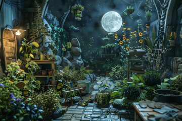 Capture the essence of lunar gardening in a traditional art medium, depicting intricate details of plants and tools under a fantastical virtual reality setting