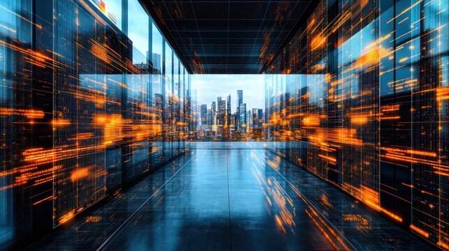 Futuristic data center corridor with city view.