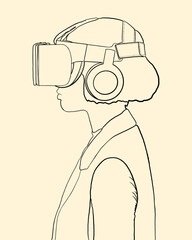 Sketch of a woman in a coat wearing AI goggles