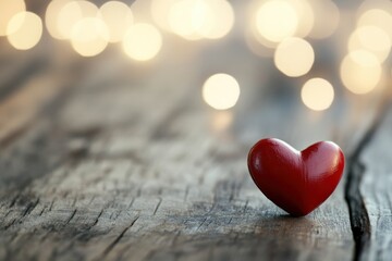 Fototapeta premium Small Red Heart Figurine on Rustic Wooden Surface with Blurred Soft Light Background, Perfect for Romantic and Love-Themed Conceptual Imagery and Designs