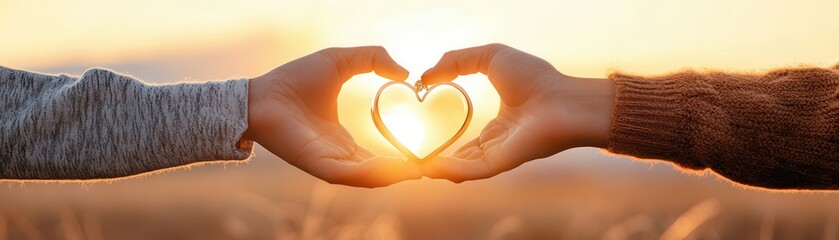 Obraz premium Close-up of intertwined hands exchanging a heart-shaped pendant necklace under a glowing sunset sky, symbolizing love and connection