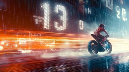 Obraz premium Dynamic movement of a motorcycle in a futuristic cityscape urban setting digital art with a dynamic background