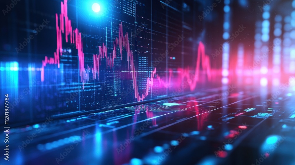 Poster computer screen displaying stock market chart with financial data and graphs for analysis
