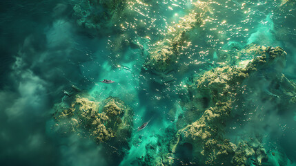 Naklejka premium Capture the intricate details of underwater worlds from a birds-eye view using photorealistic digital rendering techniques Incorporate tragedy narratives subtly with innovative lighting to evoke depth
