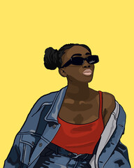 Woman in denim jacket and red t-shirt on a yellow background