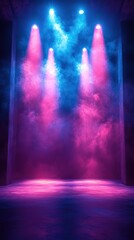 Naklejka premium Pink and blue stage lighting, smoky effect, empty space. Concert backdrop
