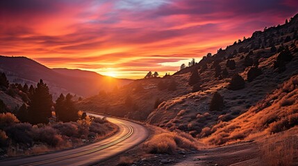 Dramatic sunset over an empty road in Utah  HD 8K wallpaper Stock Photographic Image