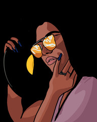 Woman wearing sunglasses reflecting light while holding a vinyl record