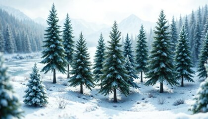 Obraz premium A miniature snow-covered forest with tall evergreen trees and a frozen lake in the background, snow globe, remote location, frosty atmosphere