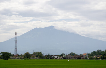 Serene Landscape with Mountain, Green Fields, and a Communication Tower