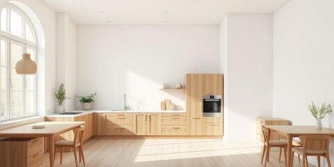 A minimalist kitchen setup with natural wood furniture and a large window allowing plenty of soft white light to enter, cozy space, natural light, white