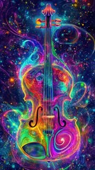 Vibrant rainbow violin in cosmic nebula.