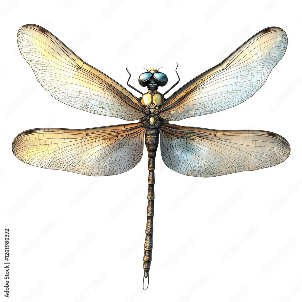 Poster a detailed close up image of a dragonfly displays its intricate wing venation and body structure aga