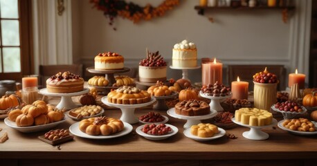 A warm and inviting Thanksgiving dessert table with a variety of sweet treats, pumpkin pie, Thanksgiving dessert