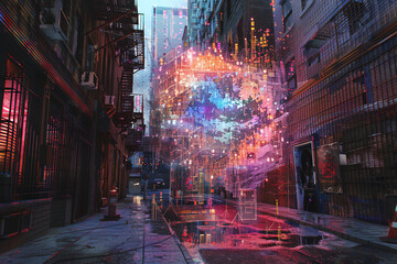 Obraz premium Craft a dynamic 3D rendering of a surreal street art installation, integrating complex psychological concepts Experiment with glitch art effects and unconventional lighting techniques to evoke a sense