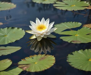 A water lily with yellow center and pure white petals blooming on the surface of a quiet pond, outdoor scene, pond flower