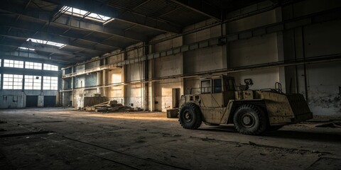Abandoned machinery in a dimly lit warehouse, crumbling machinery, industrial equipment