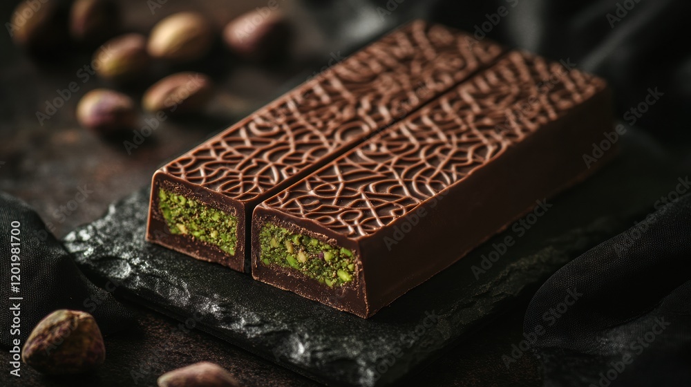 Poster indulging in luxurious chocolate with pistachio filling on an ornate golden plate surrounded by intr
