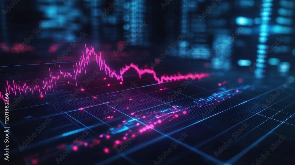 Poster digital graph displaying data trends with red and blue light elements on a dark background