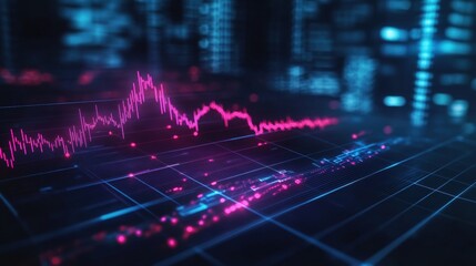 Digital graph displaying data trends with red and blue light elements on a dark background