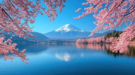 Fototapeta premium Mount Fuji in Spring Blossom: Serene view of snow-capped Mount Fuji majestically rising behind a tranquil lake, framed by the delicate pink blossoms of cherry trees in full bloom.