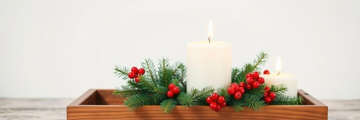 A white christmas candle with evergreen branches and holly berries in a wooden tray, natural elements, candle lighting