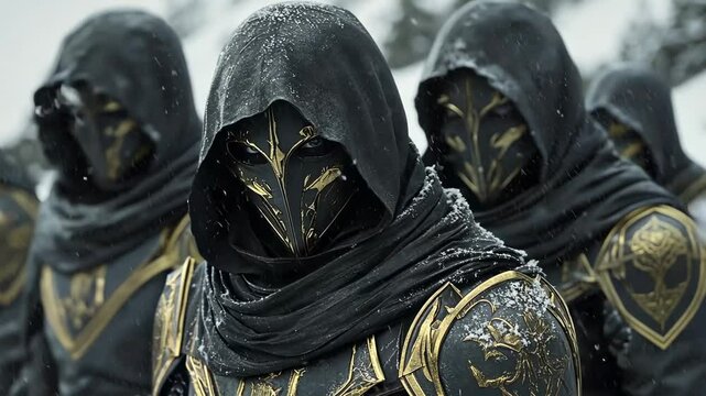 A cinematic shot of soldiers wearing dark steel armor with golden accents. They have hoods on their heads and face paint to conceal their faces