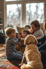 a family with kids playing with a dog in their living room