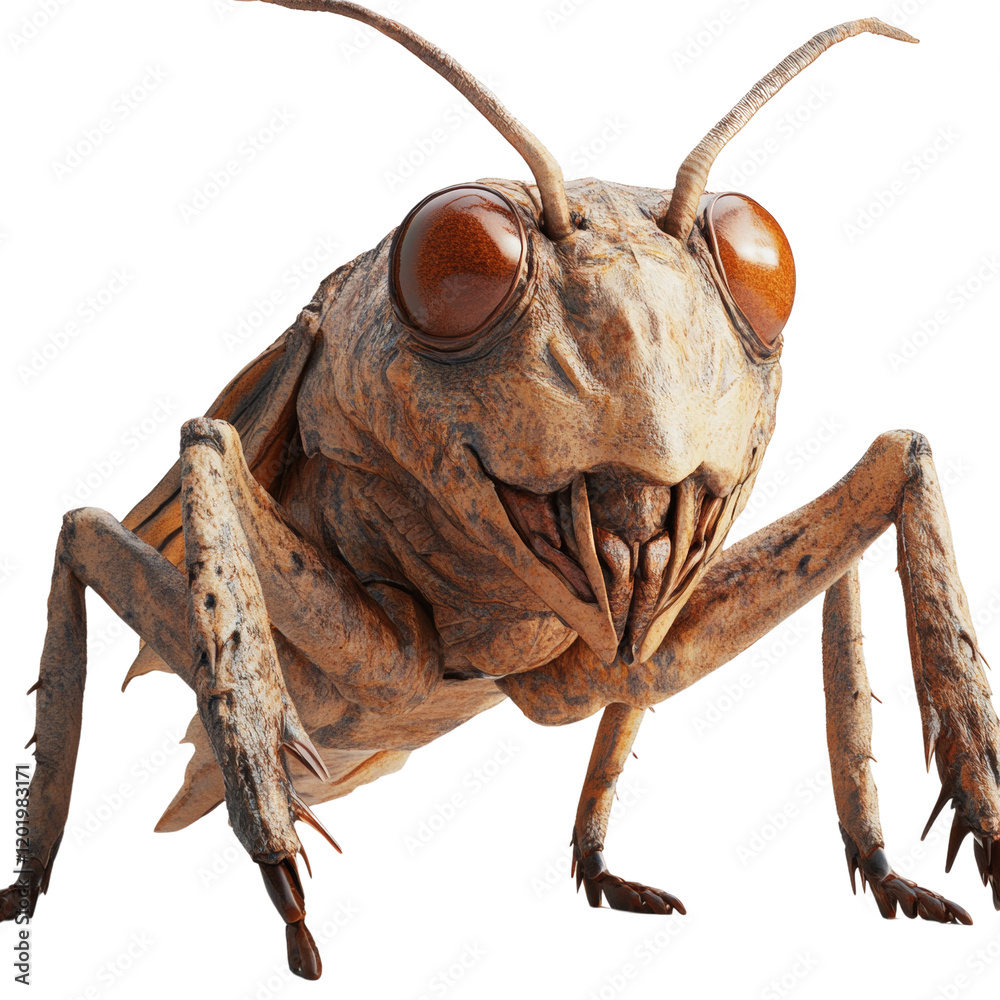 Poster a detailed 3d render showcases a large brown insect with prominent eyes and textured exoskeleton.