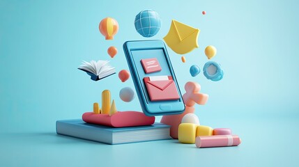  A 3D illustration featuring a smartphone with floating educational icons, symbolizing online learning or digital education platforms. 