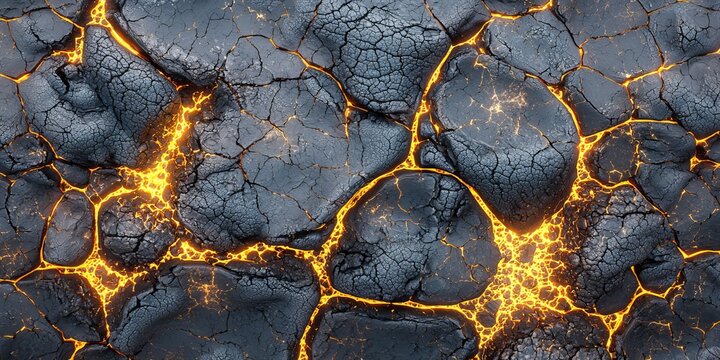 Close-up of glowing lava cracks amidst solidified dark volcanic rock.