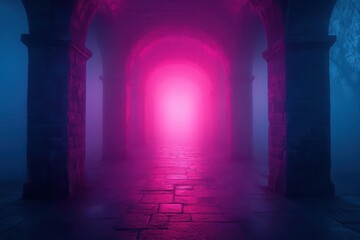 Fototapeta premium a majestic stone archway illuminated by ethereal magenta light, casting dramatic shadows, with mystical fog swirling through the opening