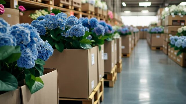 Cardboard boxes with blue hydrangea flowers on pallets in the store, a large room with a blurred background of flower fields and a warehouse for packaging flowers.