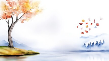 Obraz premium Serene Autumn Landscape - A watercolor painting of a single tree in autumnal colors beside a calm lake, with leaves gently falling towards a misty forest in the distance.